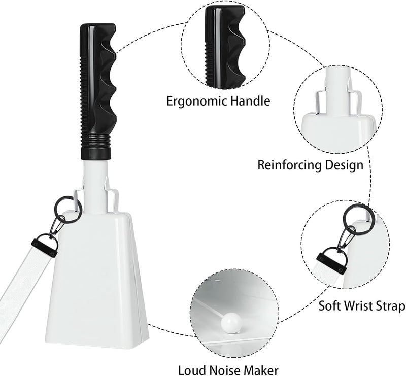 HEYLEAYAR 10Inch Cowbells with Handle for Sporting Events, 2Pcs Large Cow Bells with Wrist Straps, Loud Noise Makers for Cheering Football Games Spirit Marathon Weddings Party Noisemakers, White - Image 3